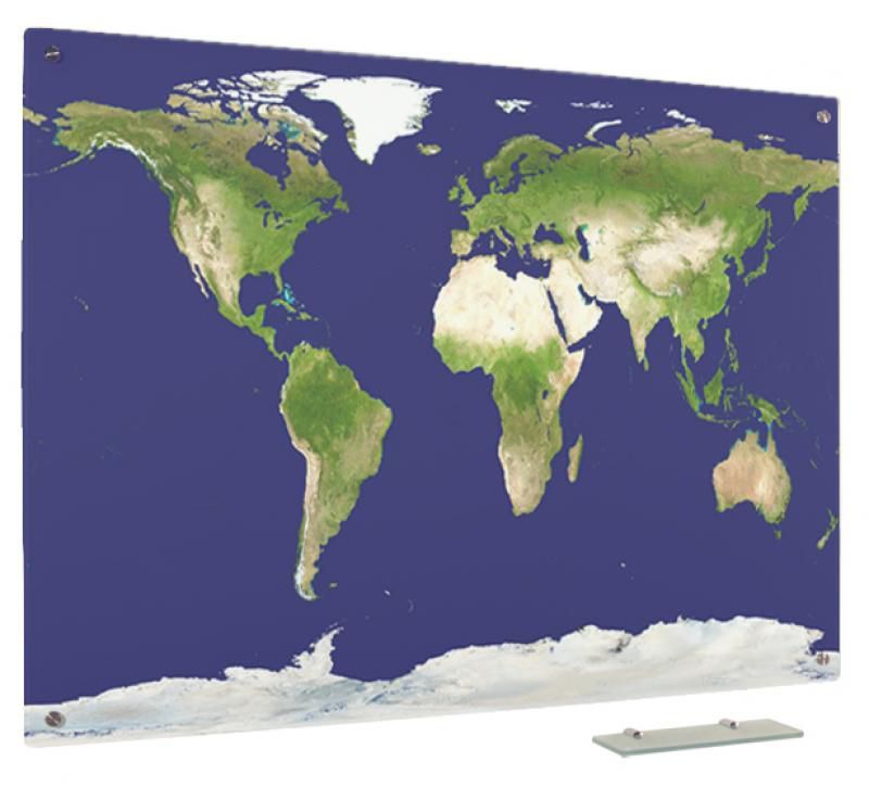 Glassboard wereldkaart satelietbeeld 90x120 cm